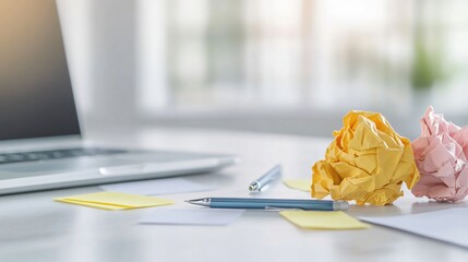Desk with crumpled paper balls, pencils, sticky notes, and a laptop symbolizing the creative process and discarded ideas