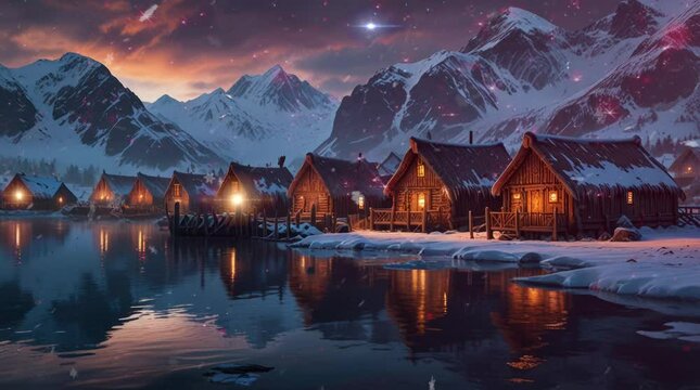 the beauty of the Viking village on Ice Island at night with an iceberg in the background. Virtual 4K video animation background with looping time lapse with very smooth graphics.