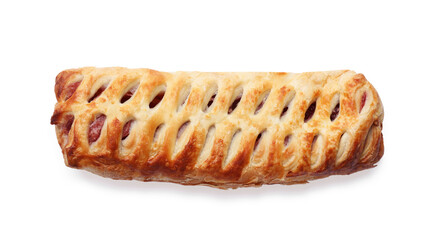 One delicious puff pastry with fruit filling isolated on white, top view