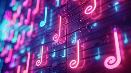 Obraz premium Vibrant neon music notes illuminate a lively urban setting at night