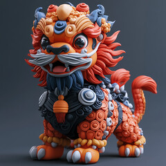 vibrant 3D render of Chinese lion dance figure, showcasing intricate details and bright colors. This playful design captures spirit of celebration and tradition