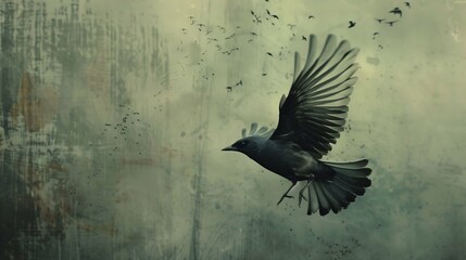 Fototapeta premium Lark in flight against a muted backdrop with an array of smaller birds surrounding