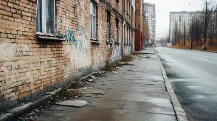 Fototapeta premium Abandoned brick building covered in graffiti, showcasing urban decay and neglect in a deserted city street