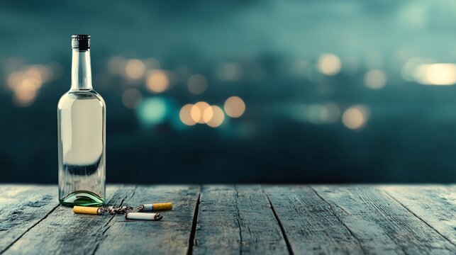 Clear alcohol bottle and cigarette butts on a wooden surface, with blurred city lights in the background at night depicting concepts of addiction, unhealthy lifestyle, and substance abuse