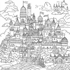 Fototapeta premium A whimsical fairy tale land with castles, coloring page for kids, simple outline illustration. Coloring book, simple lines.