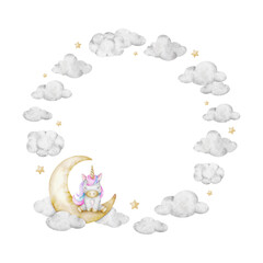Unicorn, clouds, crescent moon, stars. Round wreath of Cute baby fairy tale horse. Isolated hand drawn watercolor frame. Template for cards, stationery poster, baby shower and children's room