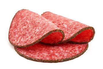 Salami Smoked Sausage Slices, isolated on a white background. Close-up.