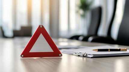 Red warning triangle sign resting on table with documents and pen in office meeting room, concept of business risk or legal issue
