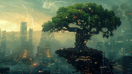 Fototapeta premium Urban landscape merging nature and technology in a futuristic cityscape