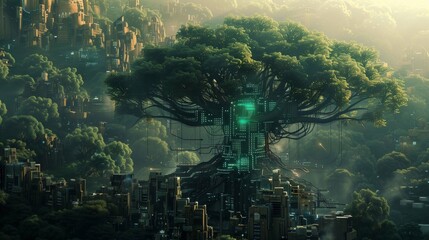 Tree integrating technology in a futuristic urban environment at dusk