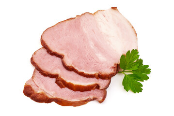 Smoked loin slices, isolated on white background.