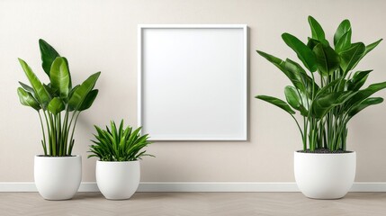 Stylish indoor plants in white pots, modern decor with blank frame on wall.