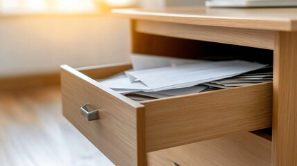 Messy collection of papers in an open wooden drawer, hinting at a hectic workspace or incomplete paperwork