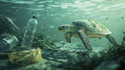 Obraz premium A sea turtle swims gracefully among debris, highlighting the impact of pollution on marine life.