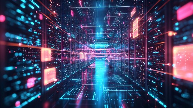 Futuristic Server Room with Glowing Data Blocks Symbolizing Secure Blockchain Technology