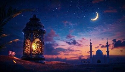 4ï¸âƒ£ Eid Mubarak and Ramadan Kareem greetings with an Islamic lantern, mosque, and Eid al-Fitr background with a night sky, moon, and stars. generative ai