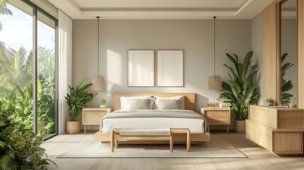 Fototapeta premium Elegant and Cozy Modern Bedroom Interior Design with Stylish Decor, mockup, poster and Background