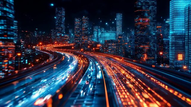 Futuristic cityscape with glowing blue and orange highways showcasing smart mobility and next-gen urban infrastructure