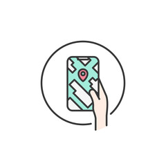 This icon shows a hand holding a smartphone displaying a map with a location pin, highlighting navigation and travel planning. Its simple design is perfect for travel apps or location services