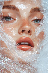 Fototapeta premium Striking Magazine Cover Features a Woman's Face Wrapped in Translucent Plastic
