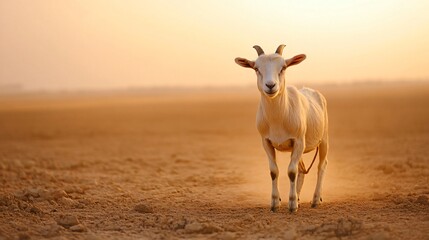 Obraz premium Serene scene of a white goat standing on dry, dusty ground during a beautiful sunset