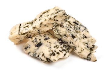 Gorgonzola, classic Italian cheese with natural mold, isolated on white background.