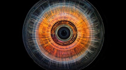 A captivating digital artwork that blends the organic form of a human eye with the mechanical structure of a a mesmerizing visualization where radiating quantum circuits emanate from the center