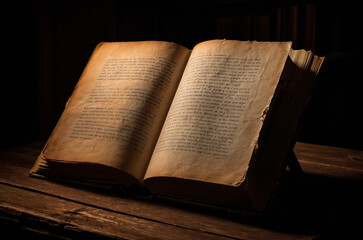 An old ancient open book laying on the dark wooden table in a dim of light. Christianity religion Holy Bible, Gospel, Testament, spiritual literature, sacred text illustration concept.