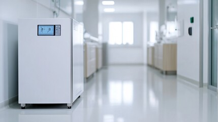 Medical refrigerator in bright laboratory corridor, ensuring secure storage of vaccines and medications