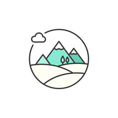This icon depicts a serene mountain landscape with rolling hills and a cloud, symbolizing adventure and exploration in nature. It captures the essence of outdoor travel and scenic beauty