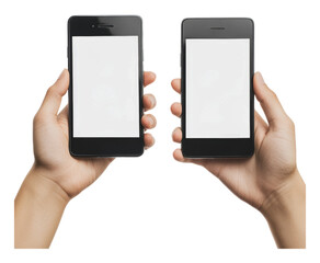 PNG Two hands holding blank smartphones side by side