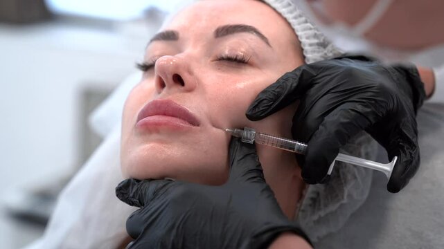Beautician doctor makes botulinum toxin injection in the cheekbone of young beautiful woman. Close up 4k shot