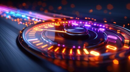 Futuristic speedometer with glowing neon lights, fast speed concept.