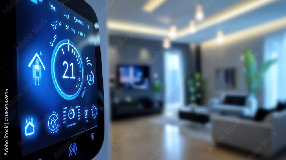 Poster a close-up of a smart home control panel with a blurred living room in the background. the screen di