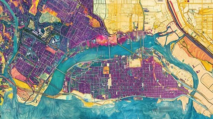 Obraz premium A detailed and visually striking urban planning map that highlights climate resilient zones and infrastructure within a complex futuristic cityscape