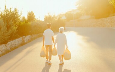 Celebrating National Pay Back Your Parents Day - Son and Elderly Mother Walking with Groceries on a Sunny Day Suitable for Mothers Day and Thanksgiving