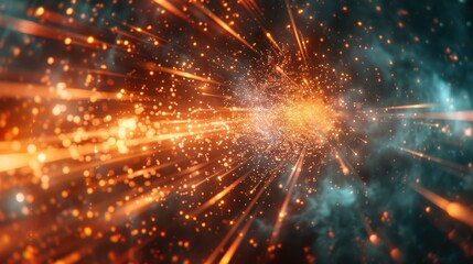 Fototapeta premium Abstract energy tunnel with glowing particles and smoke.