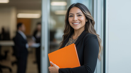 Confident young hispanic businesswoman holding an orange folder and smiling with pride in a professional office setting. 