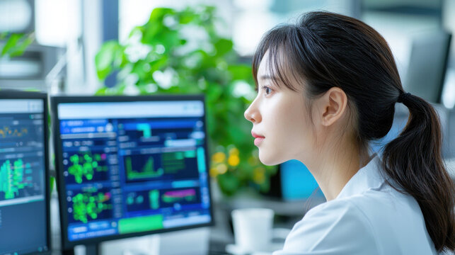 Statistical survey concept. Businesswoman analyzing data trends in modern office environment - Powered by Adobe