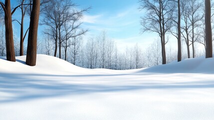 Fototapeta premium Snow-covered landscape with bare trees under a clear blue sky, tranquil and serene winter scene.