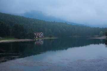 Golcuk National Park Bolu Turkey. Wooden Lake house inside forest in Bolu Gölcük National Park. Foggy and misty weather. 