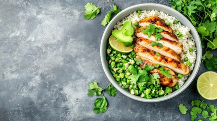 A vibrant bowl of grilled chicken served on a bed of rice and greens, garnished with lime and fresh herbs.