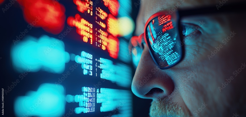 Poster Human Resources Analytics concept. A close-up of a person wearing glasses, reflecting colorful data and code on their lenses, illustrating a theme of technology and analysis.