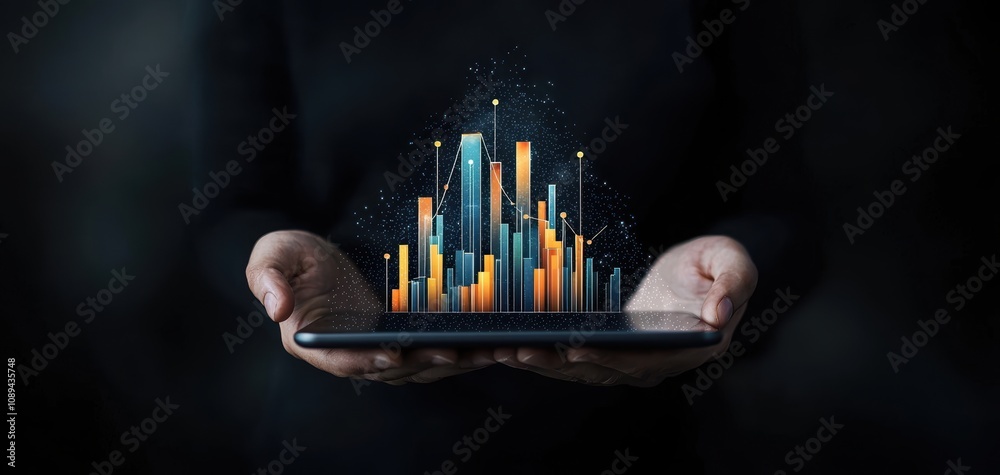 Poster Human Resources Analytics concept. A person holds a smartphone displaying vibrant data visualization, featuring colorful bars and graphs against a dark backdrop.