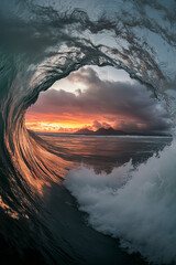 Fototapeta premium A large wave in the ocean at sunset