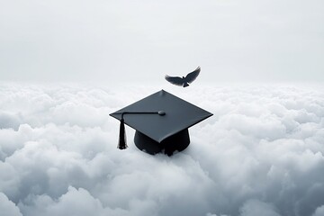 A majestic graduation cap with wings soaring gracefully above a sea of clouds symbolizing the high ambitions that come with educational achievement and the endless possibilities that lie ahead