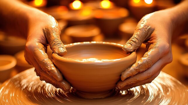 Close-up hands mold wet clay on a wheel, creating a beautiful piece in a sunlit pottery studio