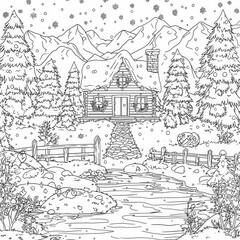 Obraz premium A magical winter cabin with cozy decorations, coloring page for kids, simple outline illustration. Coloring book, simple lines.