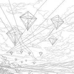 A sky full of kites flying, coloring page for kids, simple outline illustration. Coloring book, simple lines.