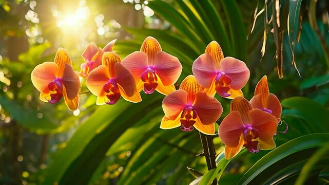 Vibrant orange orchids bask in sunlight amidst lush green foliage.